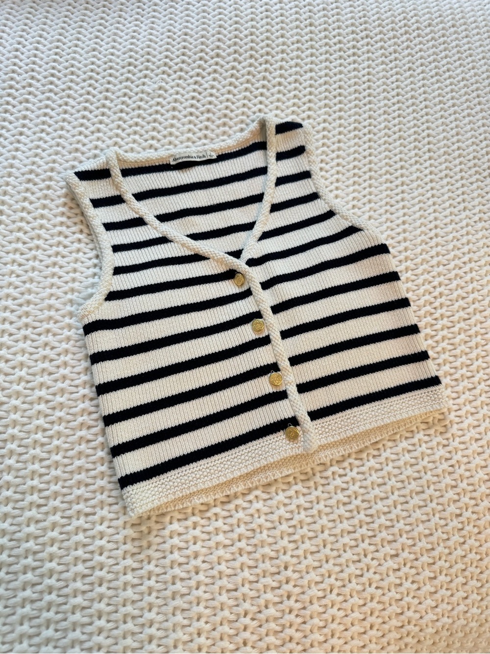 Abercrombie & Fitch Black and Cream Striped Knit Buttoned Vest